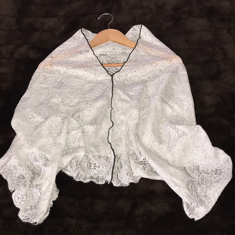 White Shawl Cape Scarf with Black Trim OS Shimmery
